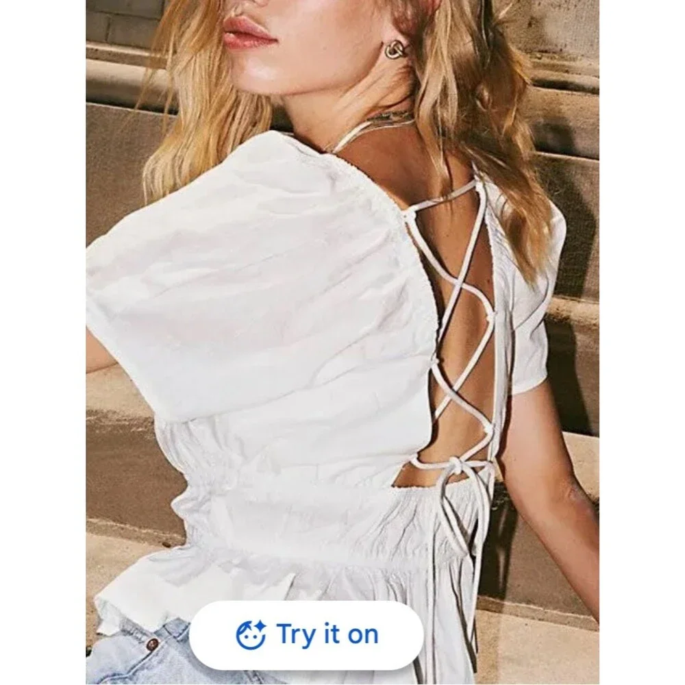 Free People Phoebe Smocked White Lace-Up Square Neck Peplum Top